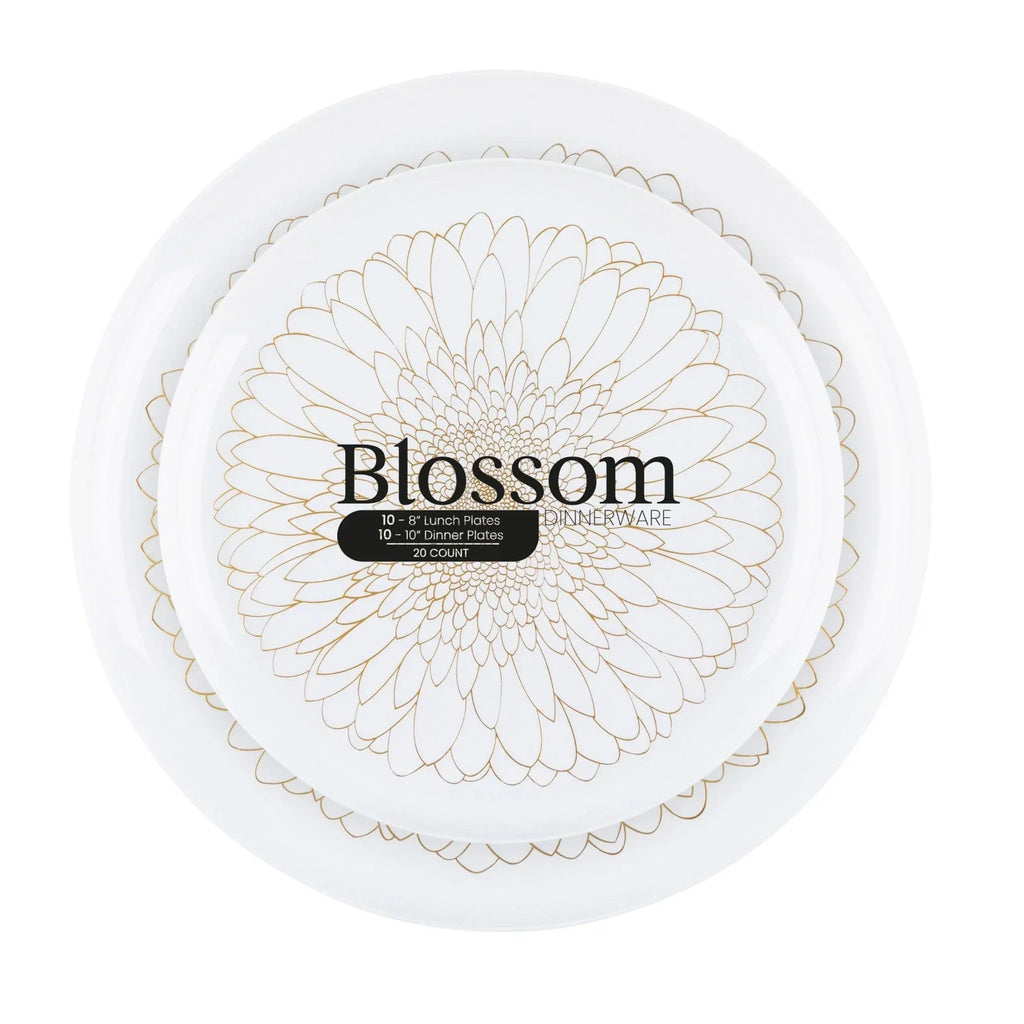 40 Piece Combo Plates Set - 20-6.3'' & 20-8.6'' White Plastic with Gold Bloss...